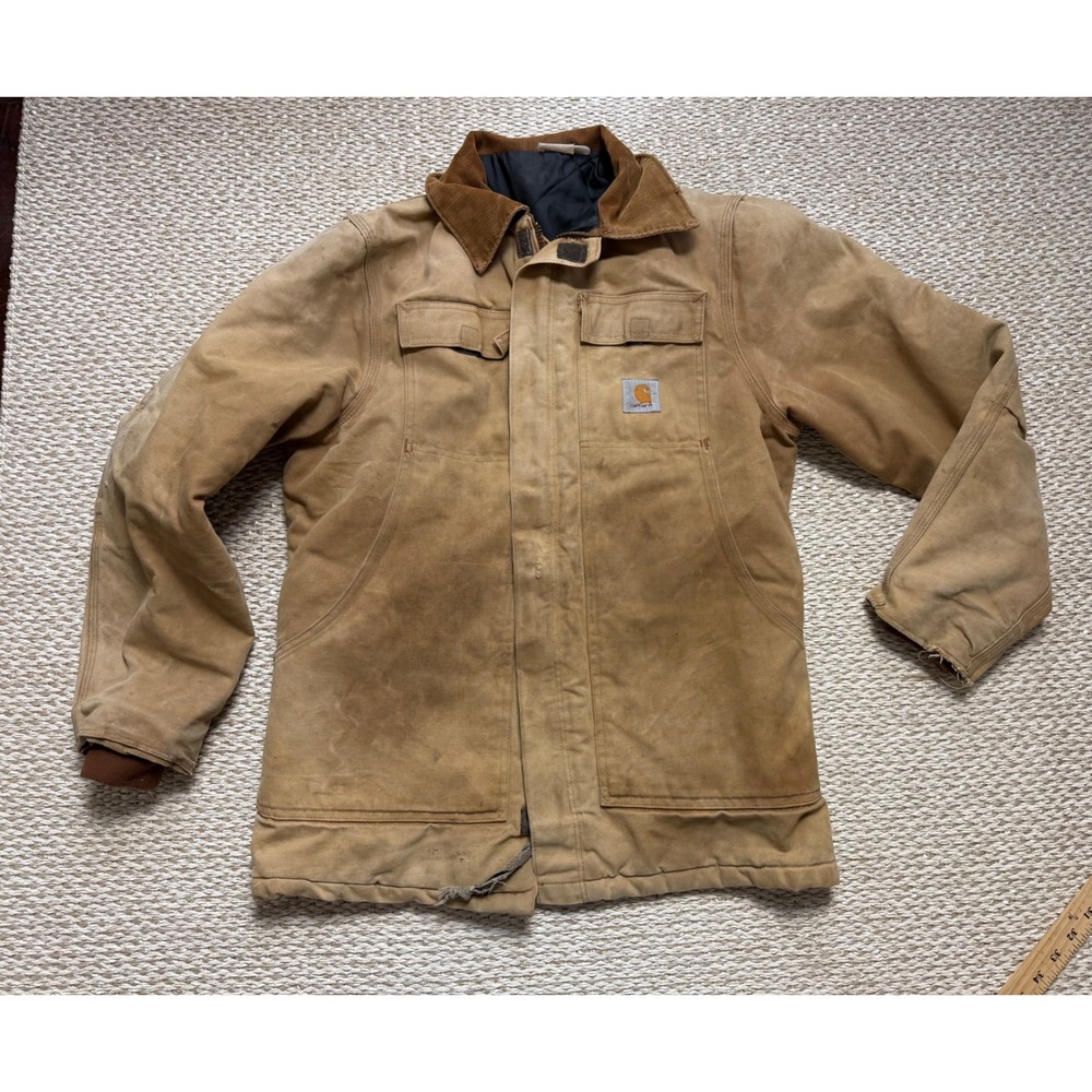 Carhartt Duck Canvas Arctic Quilt Lined Coat Tan Vintage‎ Distressed Work Jacket